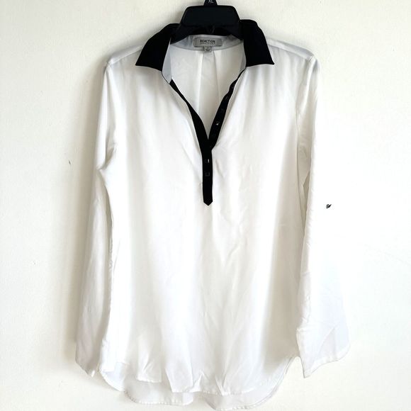 Reaction by Kenneth Cole Blouse Women's Size Medium White Black Trim Roll Tab - Picture 8 of 11